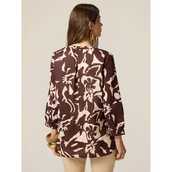 Oltre - Blusa holgada de algodón estampado - Marrón