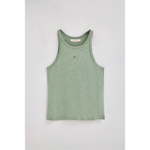 Camiseta verde jade de lino y algodón con monograma bordado