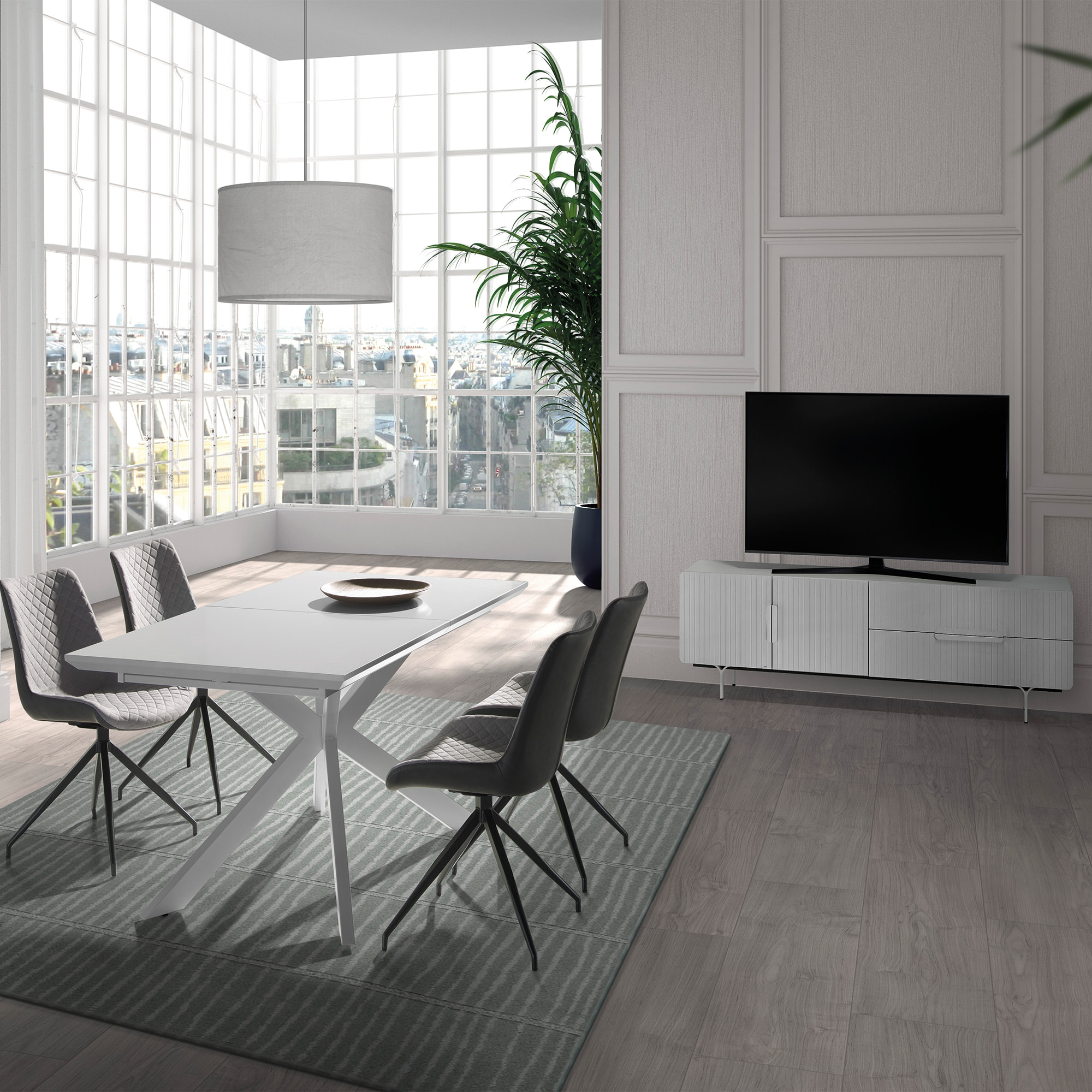 Mueble de TV – Blanco mate y detalles metálicos