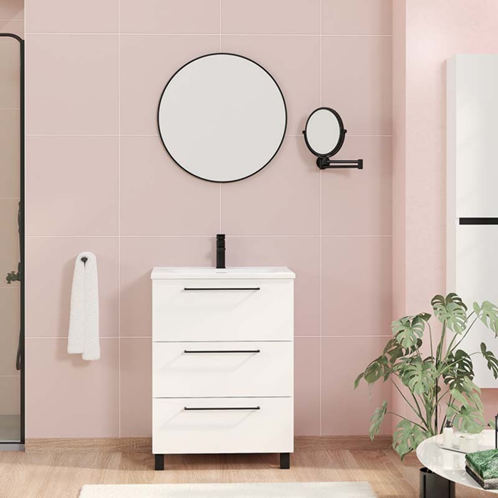 Conjunto de baño Haru | Mueble de baño con patas | 60 cm Blanco| Tres cajones | Lavabo encastrado | No incluye espejo | Alday