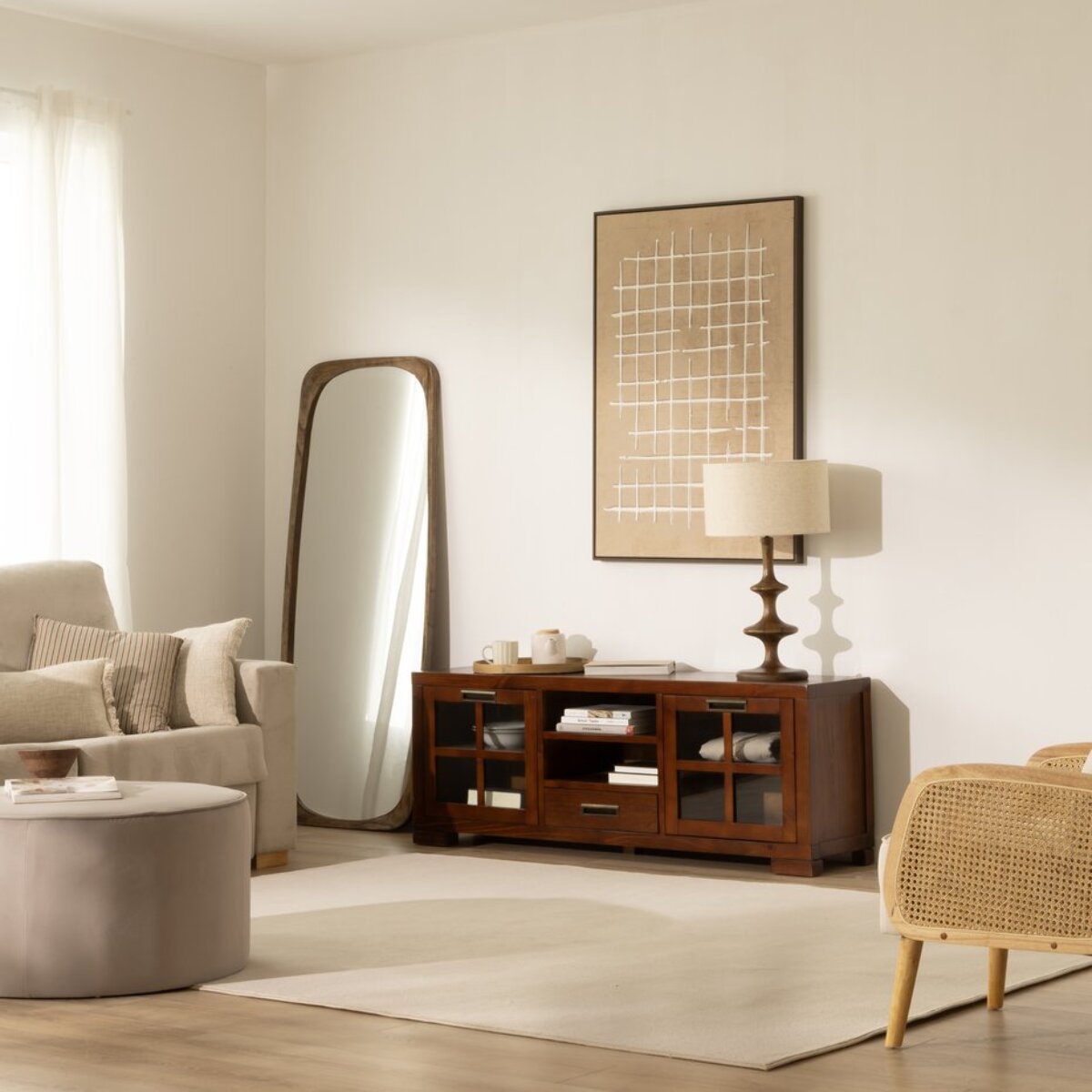 Meuble tv Kenia -bois massif de mindi et placage naturel de mindi-couleur teck 160 x 60 x 40 cm