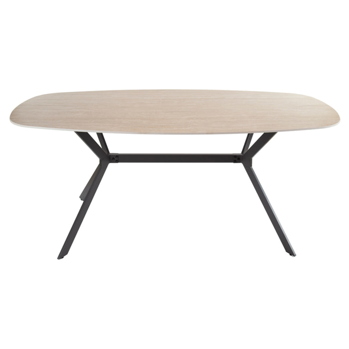 Ruben - table à manger - plateau en céramique effet travertin - pieds en acier - 4 à 6 personnes - Beige / Noir