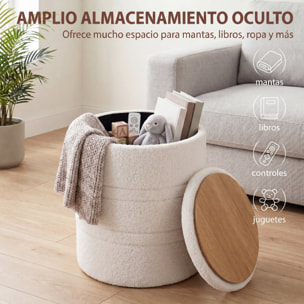 HOMCOM Puff Almacenaje, Banco Almacenaje, 33 L, Ø36,5x46,5 cm, Tapizado en Borreguito, Baúl de Almacenamiento Redondo con Tapa, Carga 120 kg, Taburete para Salón, Dormitorio o Recibidor, Blanco