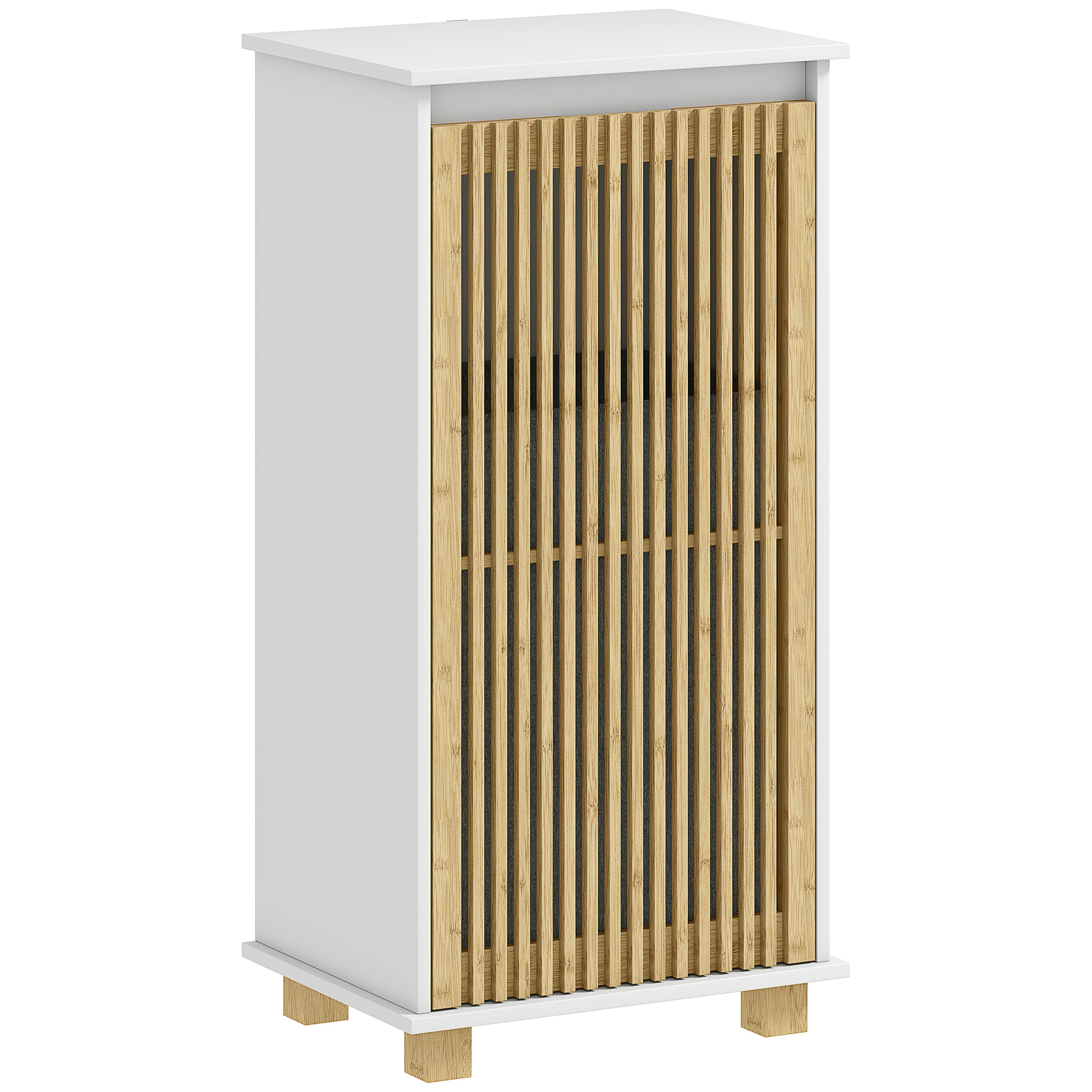 Meuble bas salle de bain - panier à linge amovible - tissu gris bambou blanc
