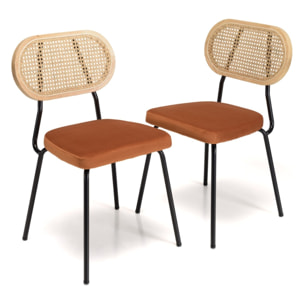 AGATHE - Lot de 2 chaises métal noir assise velours orange ambré dossier rotin