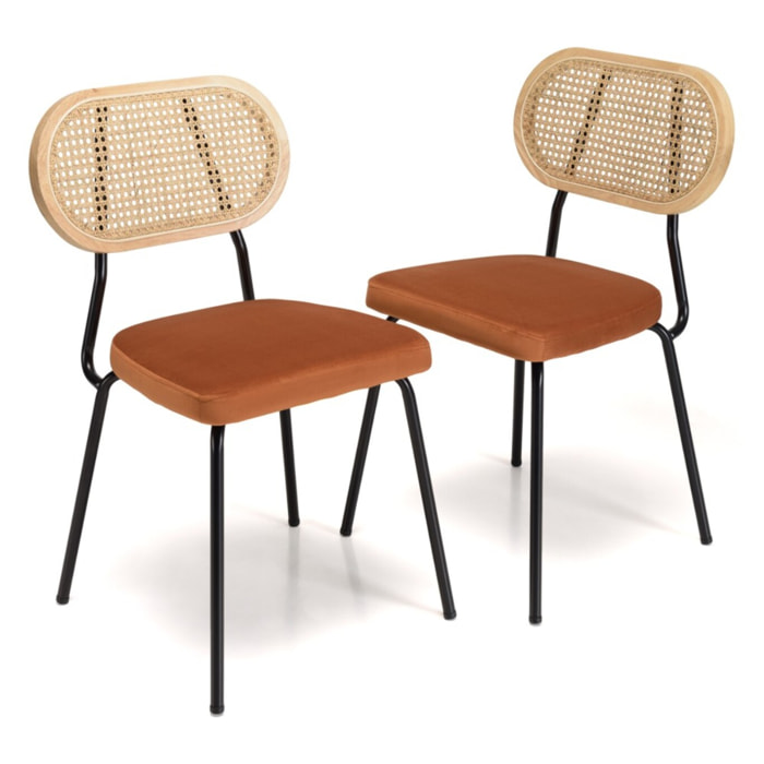 AGATHE - Lot de 2 chaises métal noir assise velours orange ambré dossier rotin