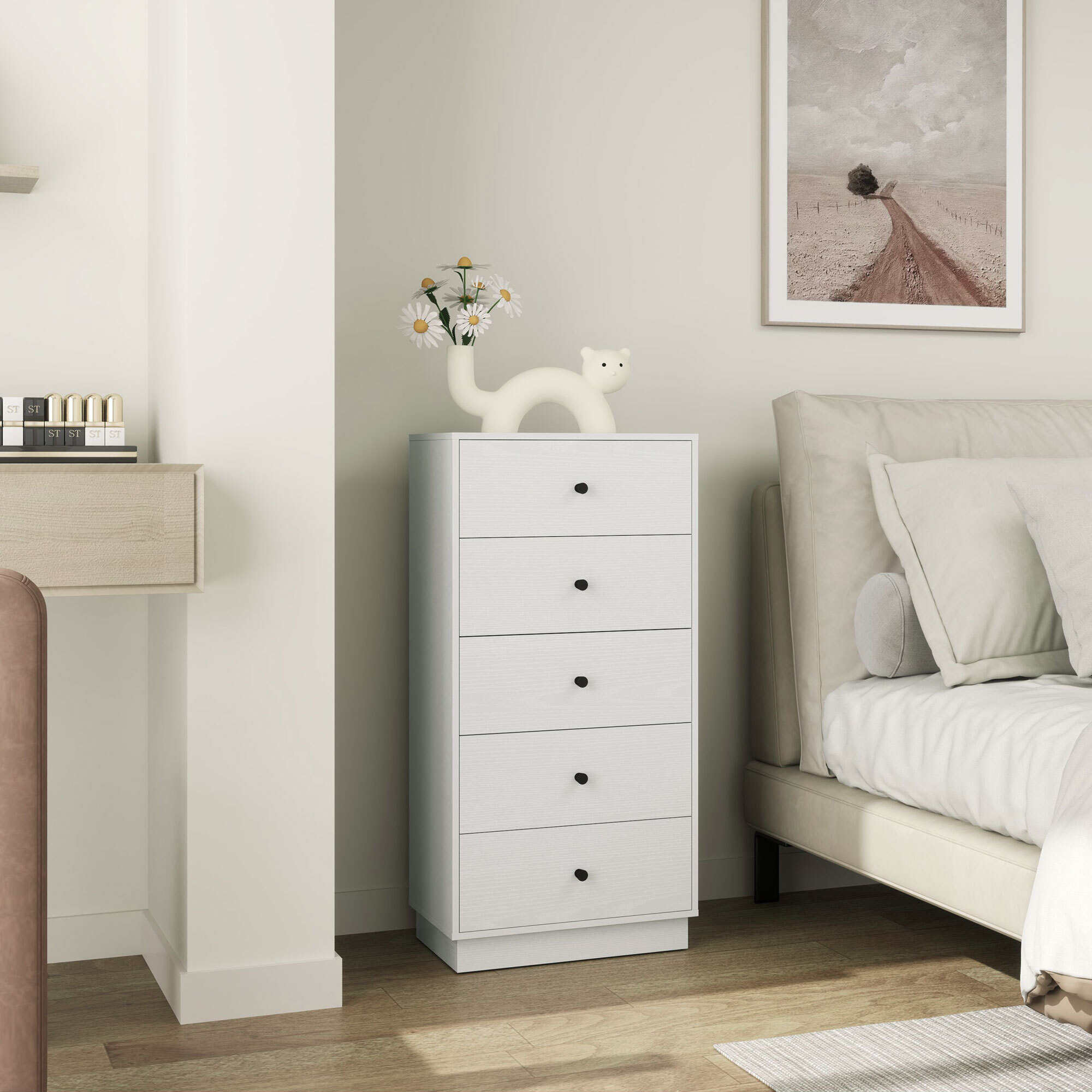 Cómoda con 5 Cajones Cómoda de Dormitorio Estrecha con Anti-vuelco Cajonera Alta para Salón Pasillo 47x29x95 cm Blanco