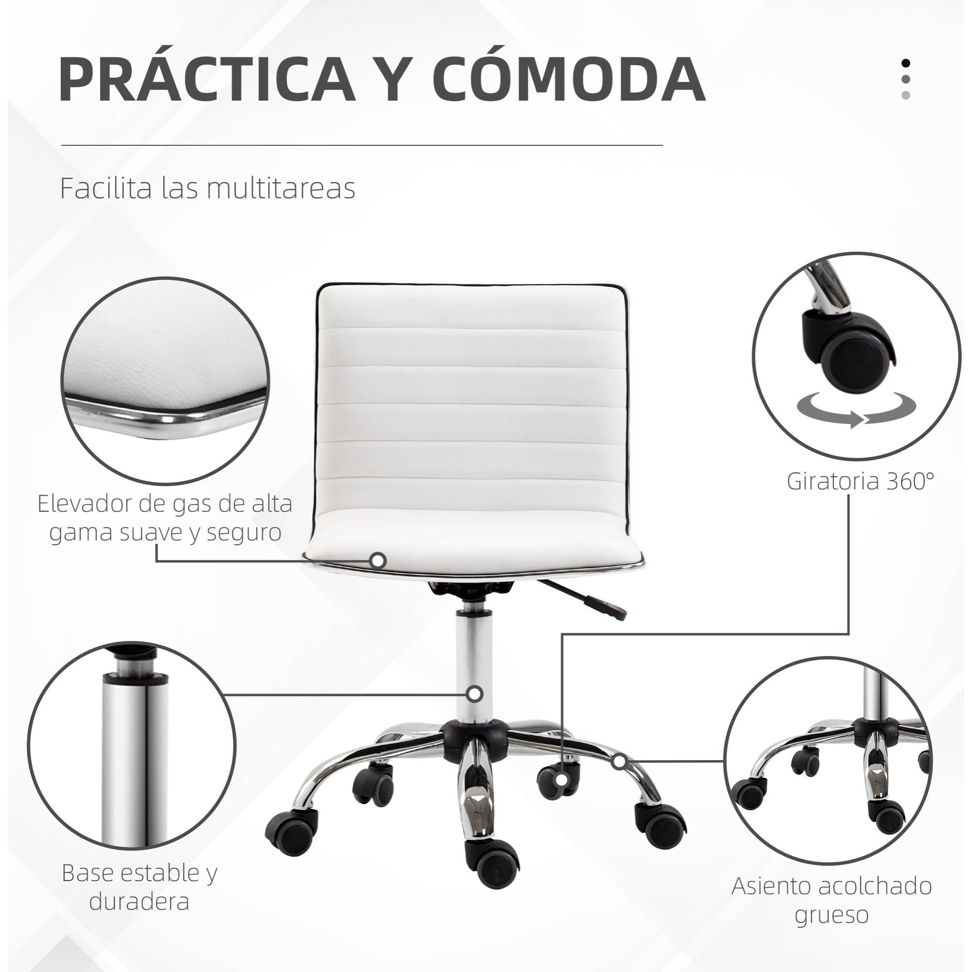 Silla de Oficina sin Brazos Silla de Escritorio Giratoria con Altura Ajustable Silla para Estudio Tapizada en PU Carga 120 kg Blanco