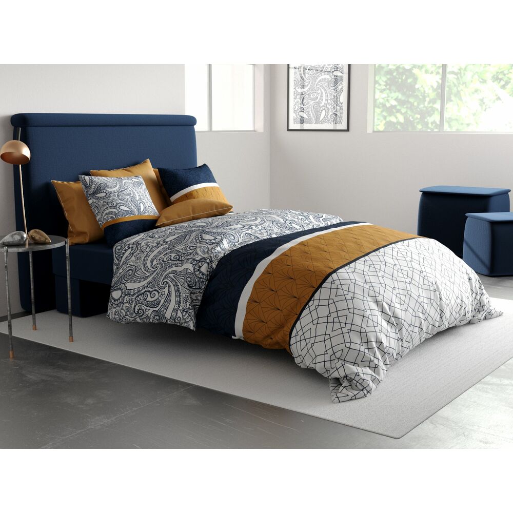 Parure housse de couette Coton Dakota 57 fils Bleu fonce