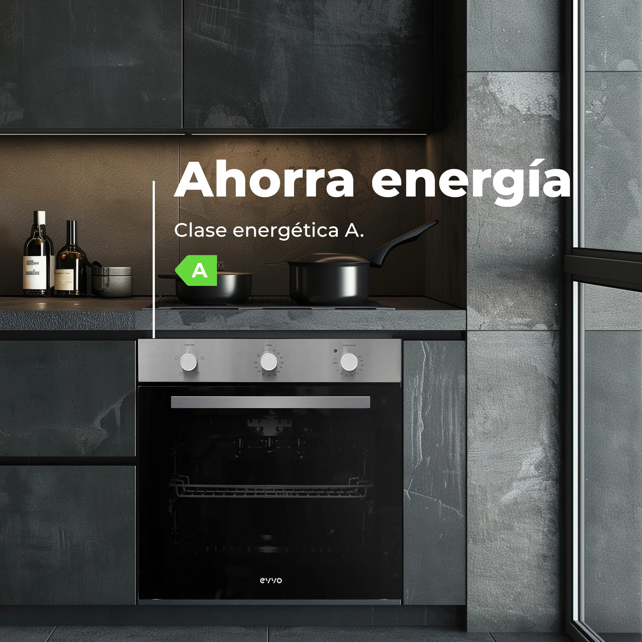 EVVO Horno integrable H10, 72L, clase A, 4 programas, grill, temporizador, mando selector, puerta triple acristalamiento, negro