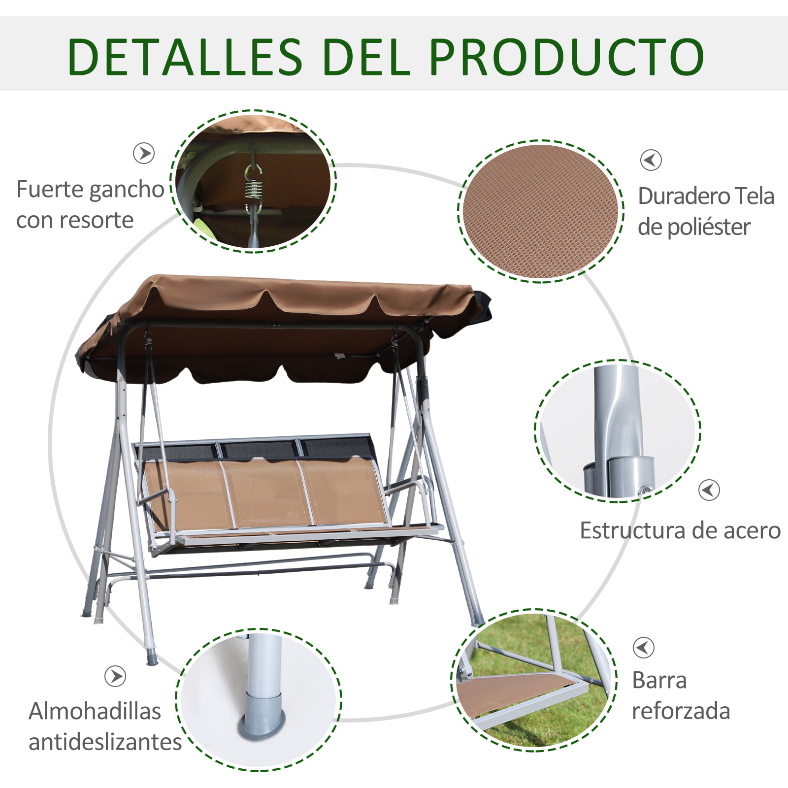 Columpio Balancín de Jardín de 3 Plazas con Toldo Ajustable 171x108x154cm Marrón