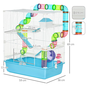 Grande cage à hamsters 5 niveaux - tunnels, abreuvoir, roue, maisonnette, échelles - dim. 59L x 36l x 69H cm - métal PP bleu blanc