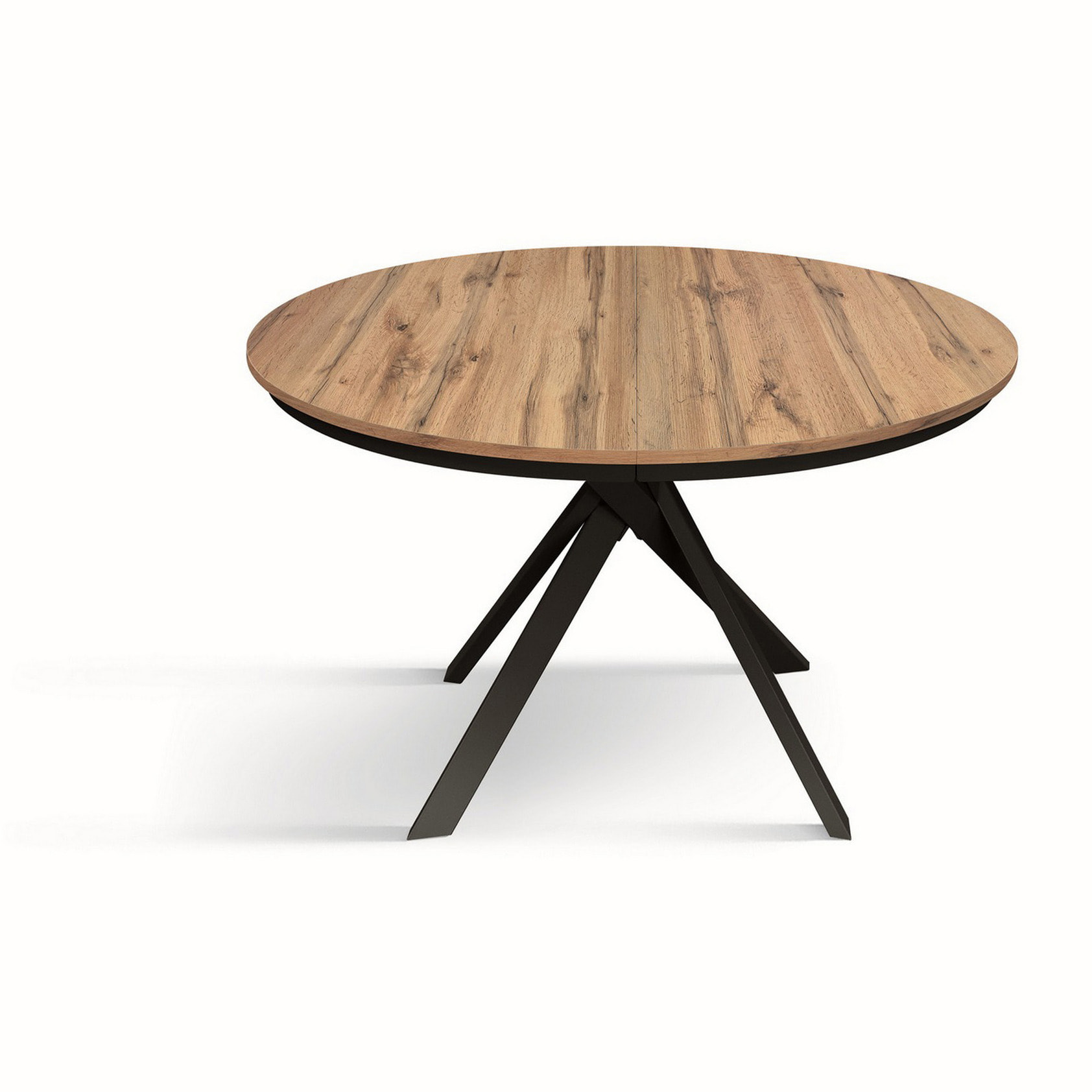 Tavolo rotondo PANTELLERIA in legno effetto rovere rustico con gambe incrociate in metallo antracite, allungabile ⌀120 cm - ⌀170 cm