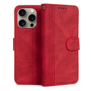 DAM Funda antigolpes tipo libro simil piel para iPhone 15 Pro. Tarjetero interior, muñequera extraíble. 7,81x1,72x15,34 Cm. Color: Granate
