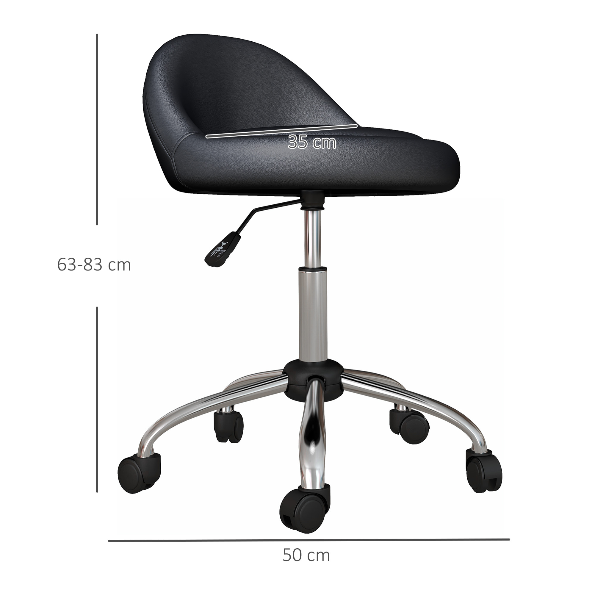 Taburete con Ruedas, Taburete Giratorio Cosmético con Altura Ajustable, Cuero Sintético, Asiento Acolchado y Amplio, para Dentista y Peluquería, Carga 120 kg, Ø50x63-83 cm, Negro