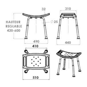 Tabouret de douche PMR PELLET Essentiel assise large hauteur réglable 2 poignées