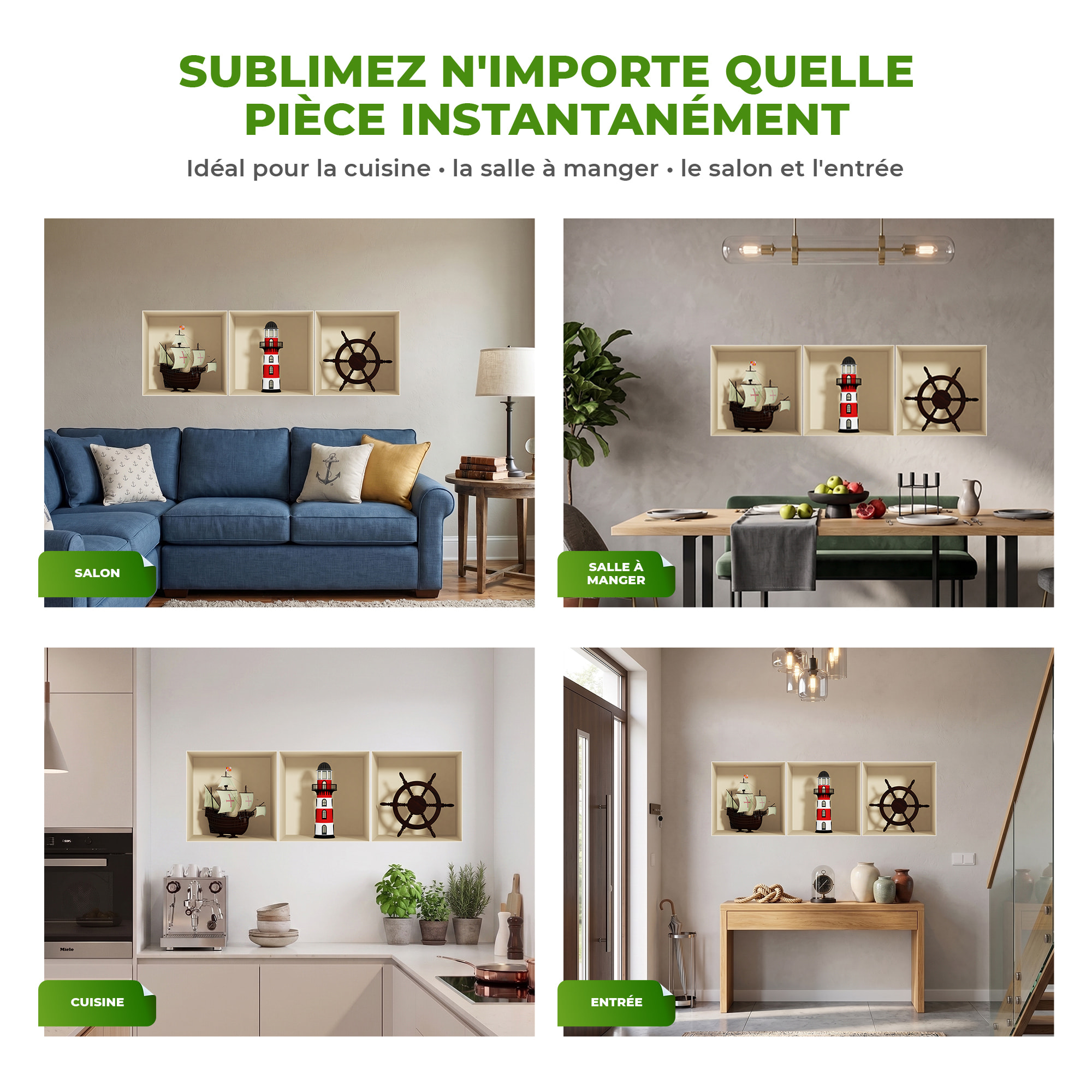 Stickers muraux 3D | Sticker Mural Autocollant effet 3D Décoration maritime - Stickers adhésifs 3D Chambre Salon Trompe l'oeil