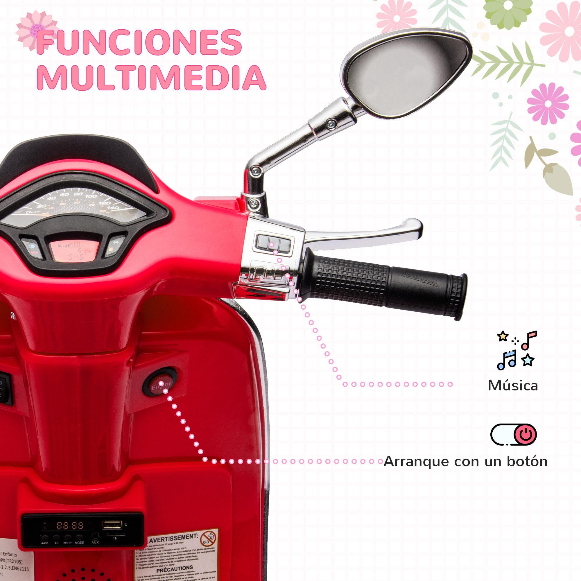 Moto Eléctrica para Niños de +3 Años con Licencia Vespa Moto de Batería para Niños 6V con USB MP3 Luz LED Radio FM Moto para Niños con Velocidad 3 km/h Carga 35 kg Rojo