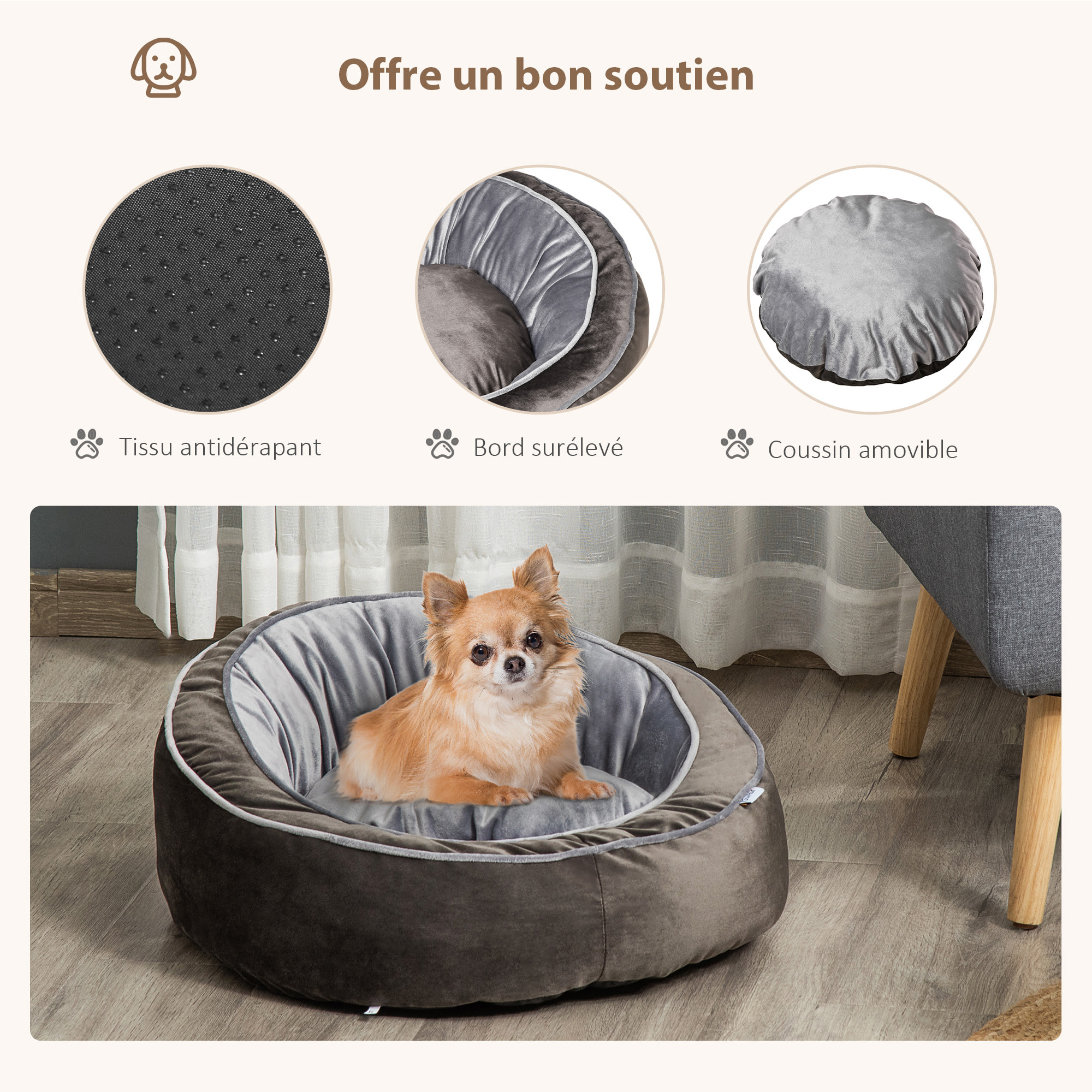 PawHut Panier pour chien lit pour animaux de compagnie velours hollandais coton PP gris