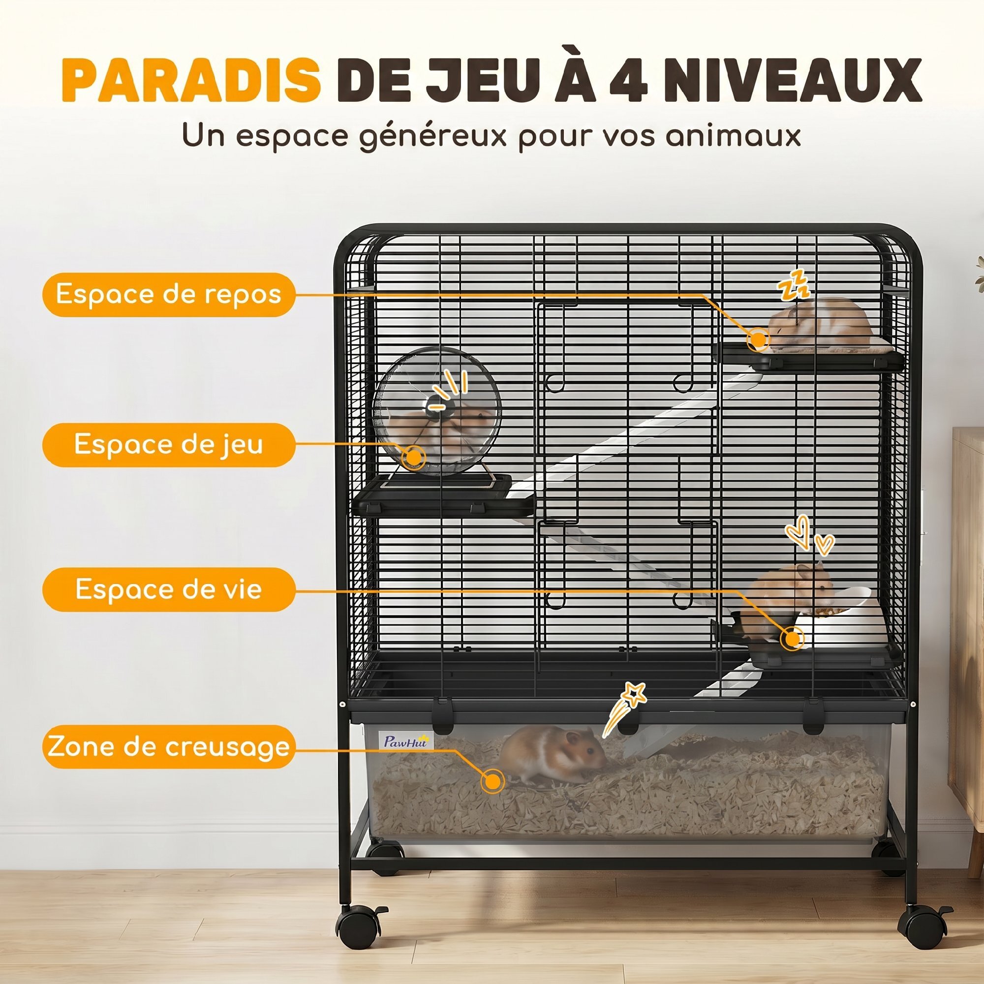 Cage mobile hamster rongeur furet 4 niveaux 2 portes 3 rampes bac profond amovible noir