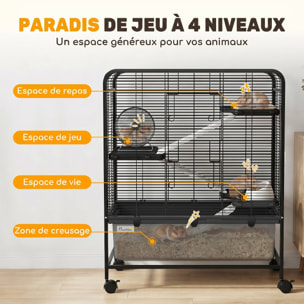 Cage mobile hamster rongeur furet 4 niveaux 2 portes 3 rampes bac profond amovible noir