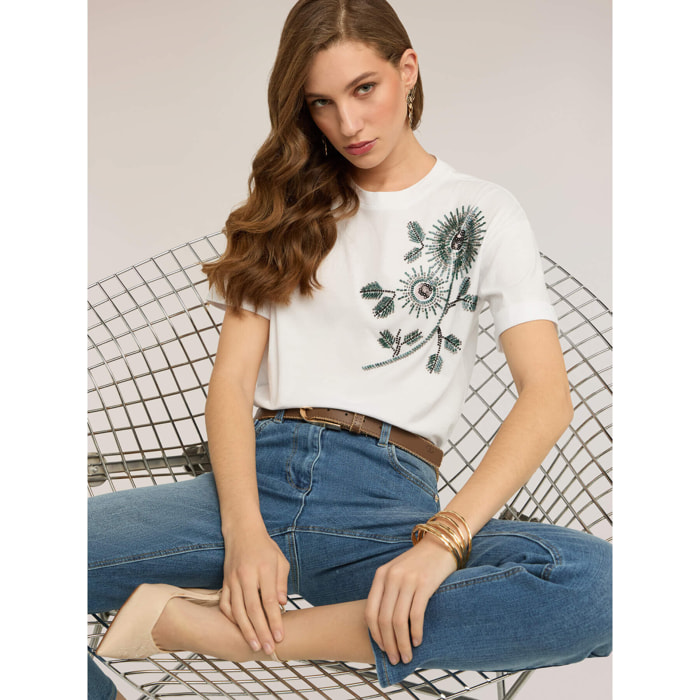Motivi - Camiseta de jersey con aplicaciones florales - Blanco