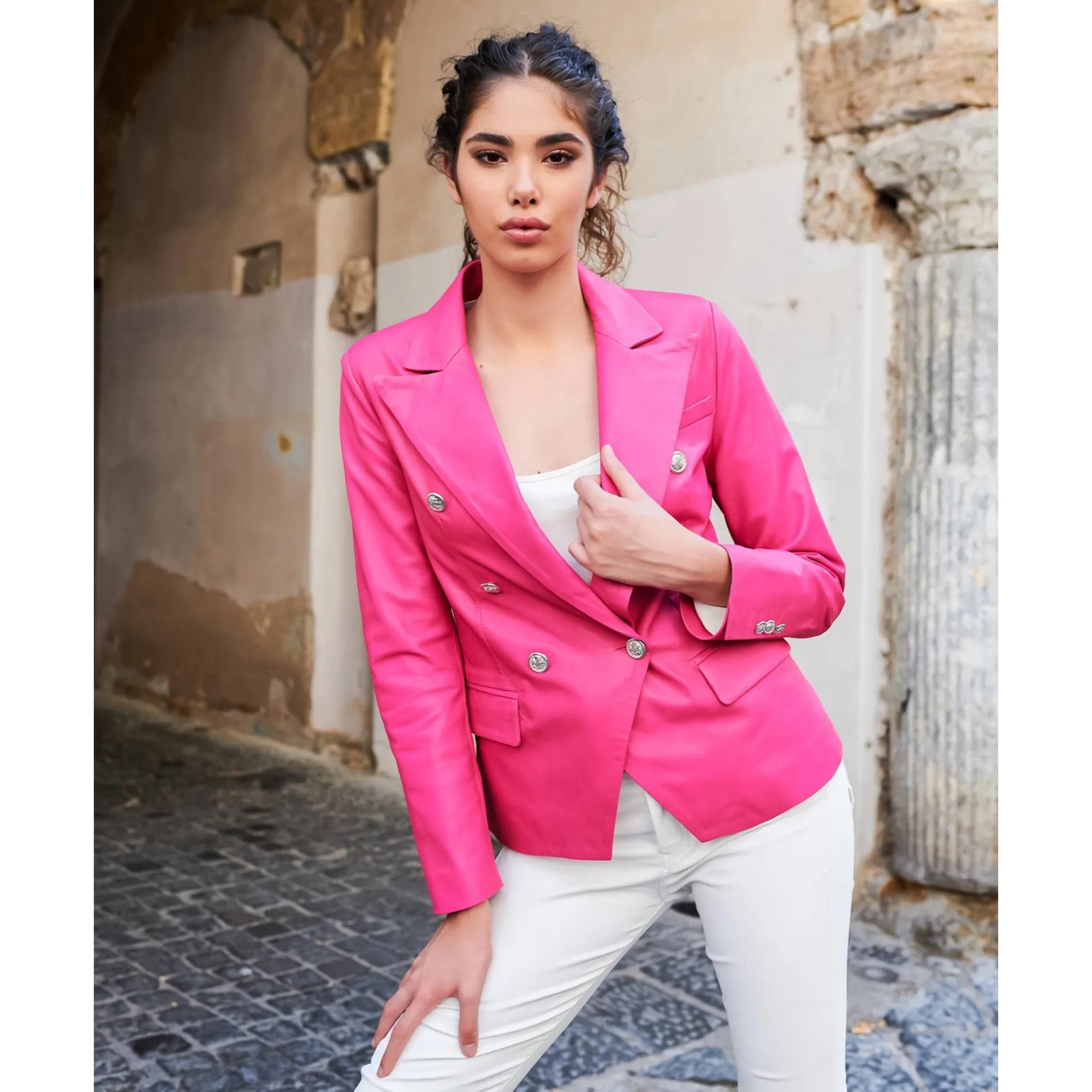 Giacca blazer doppio petto in pelle naturale fuxia