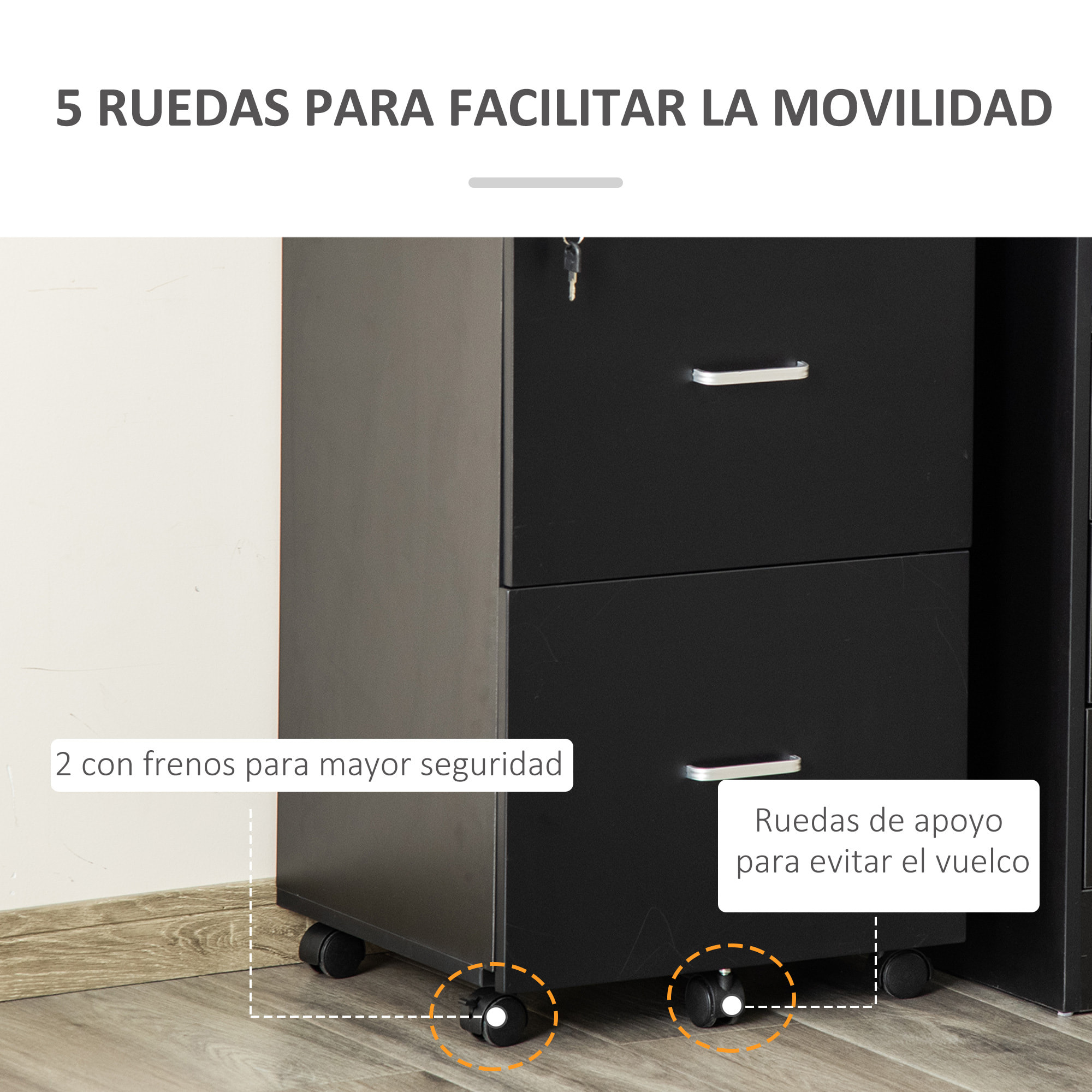 Cajonera de Oficina Mueble Auxiliar para Archivos con 2 Cajones Cerradura de 2 Llaves 5 Ruedas para Tamaño Carta A4 para Estudio Despacho Dormitorio 43x45x72 cm Negro