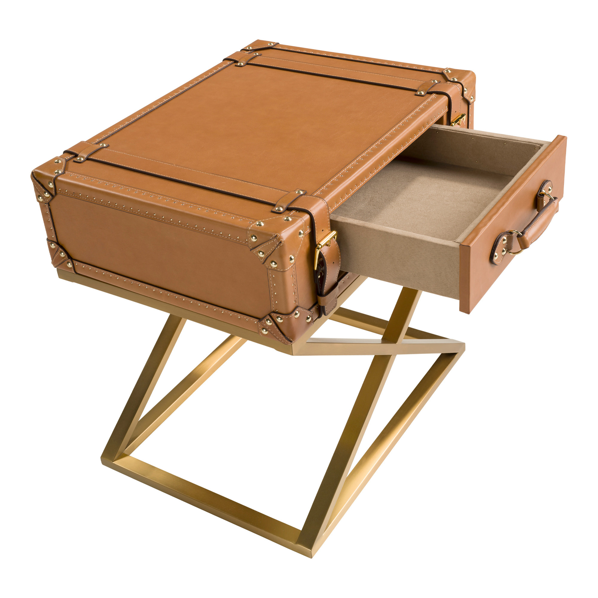 Mesa rincón Angel Cerdá rectangular en piel de origen vacuno y patas de acero inoxidable en dorado 62x47x62cm