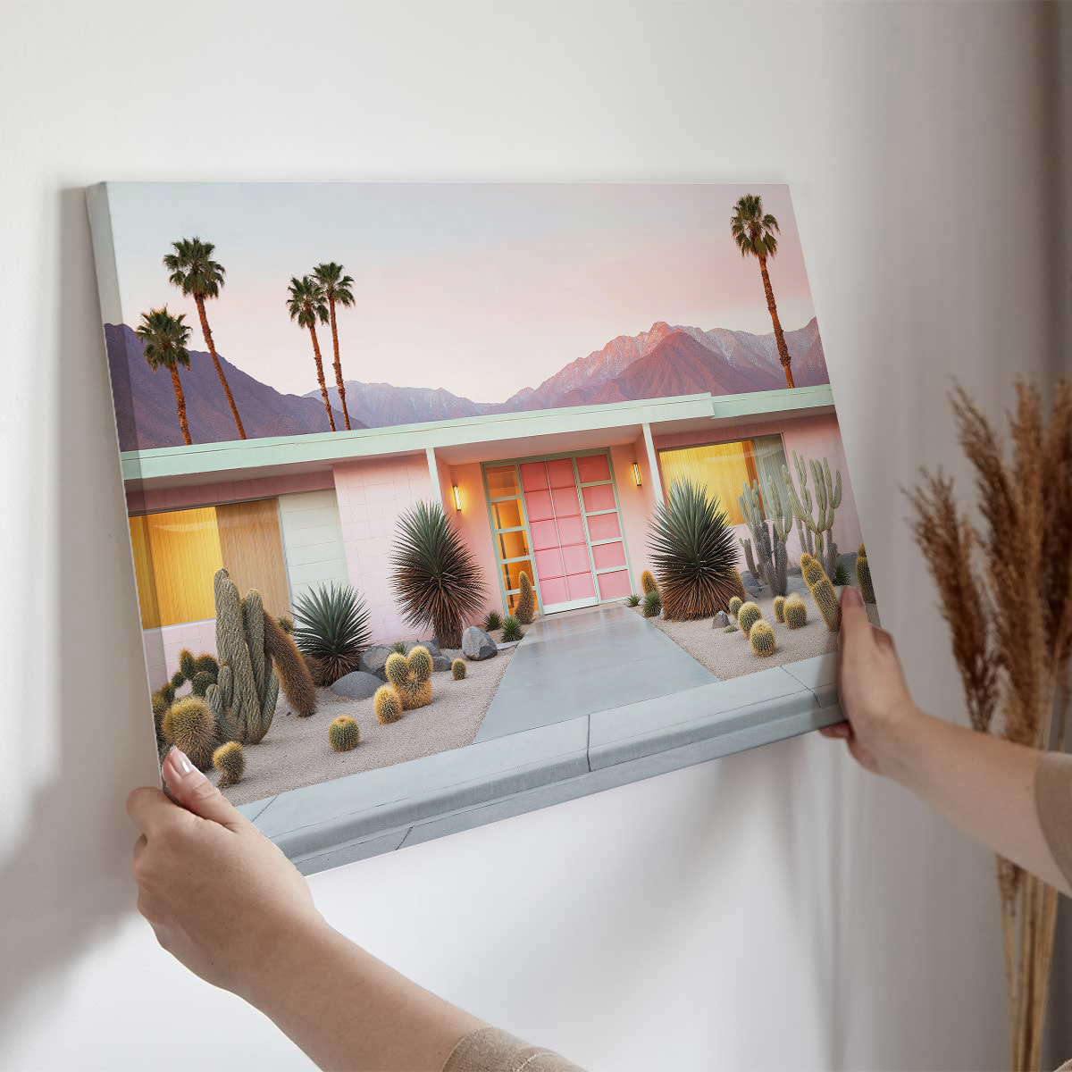 Tableau maison rose à toit plat Toile imprimée