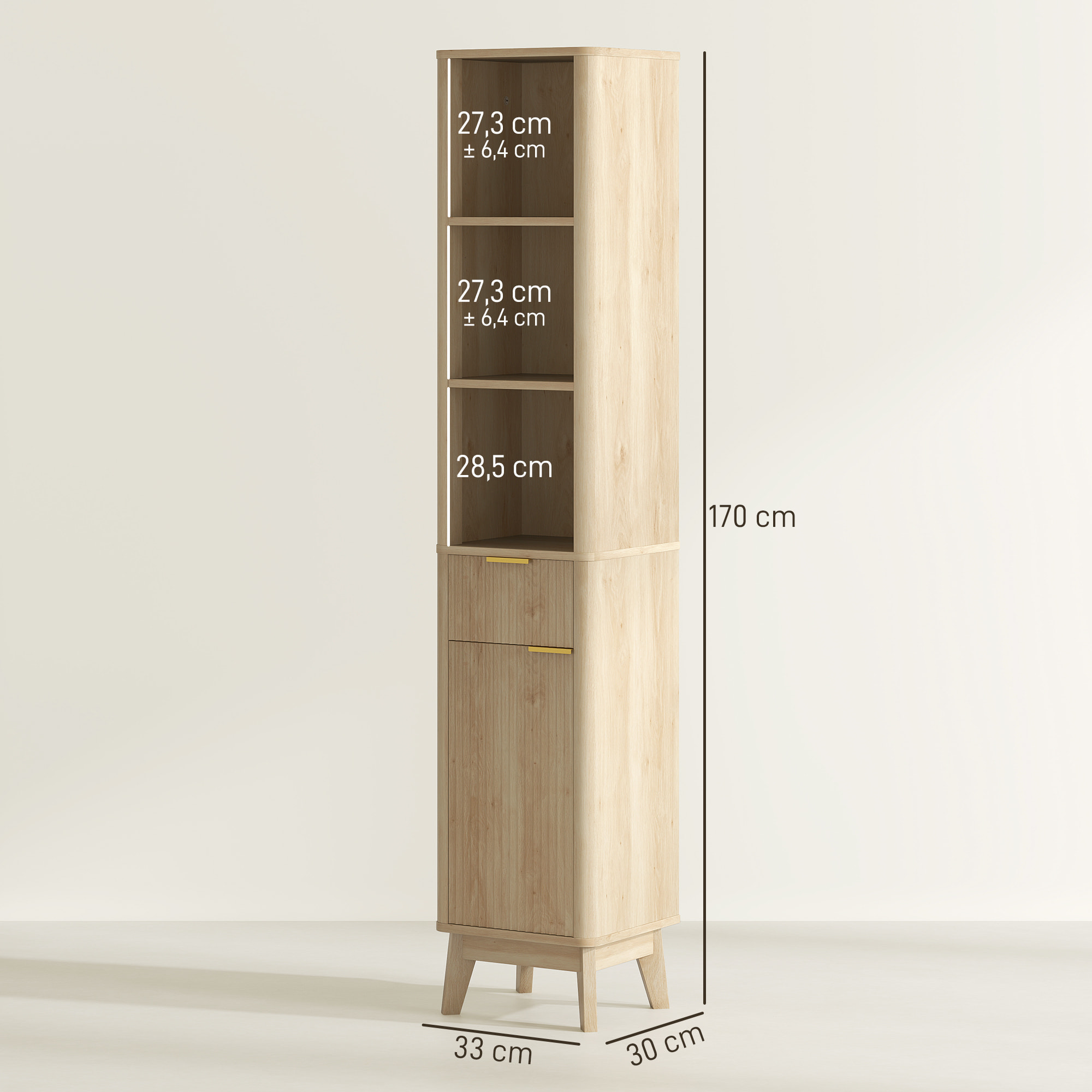 Columna de Baño Mueble de Baño Estrecho con Puerta de Acanalado Cajón 3 Compartimentos Abiertos y Estantes Ajustables Armario Alto de Baño Moderno 33x30x170 cm Natural