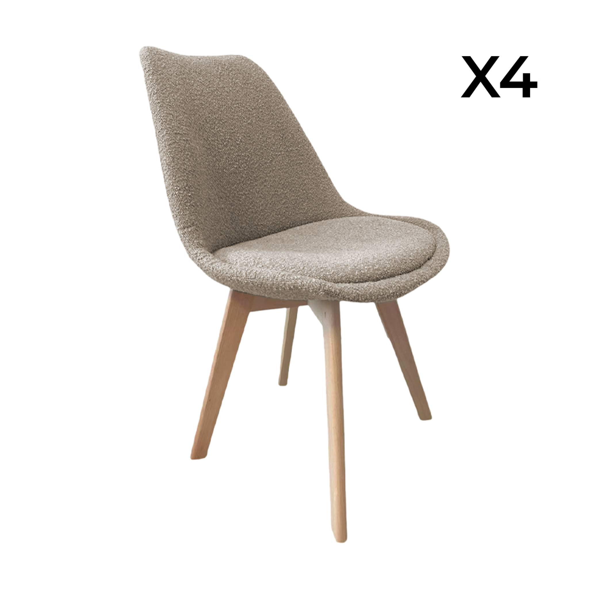 Lot de 4 chaises scandinaves revêtement bouclette texturée taupe. pieds bois de hêtre - Nils