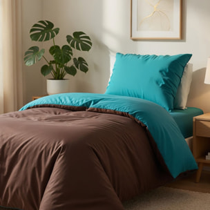 Parure Housse De Couette 135x200cm 100% coton 57fils Choco/turquoise
