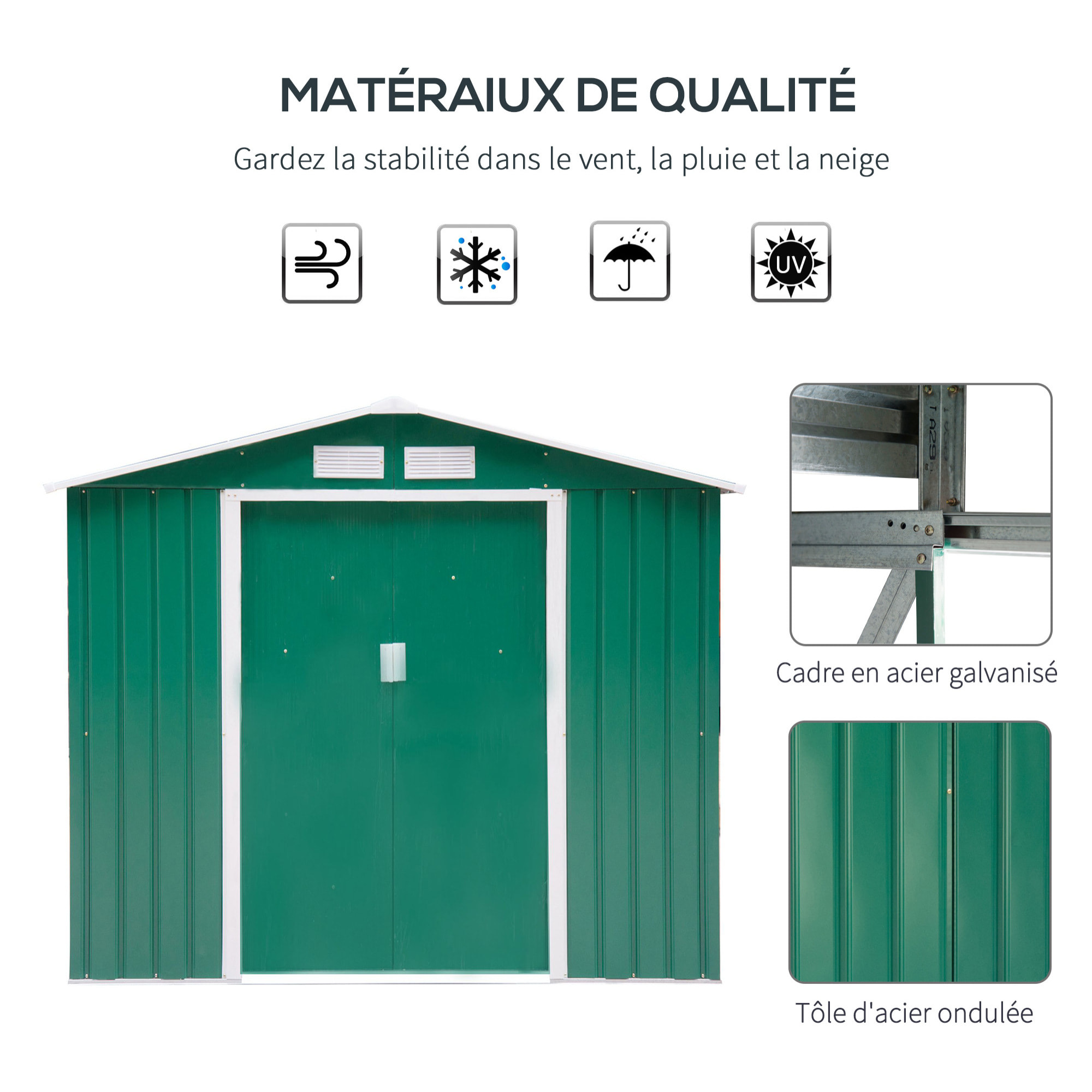 Abri de jardin - remise pour outils - cabanon porte verrouillable - dim. 213L x 130l x 185H cm - tôle d'acier vert