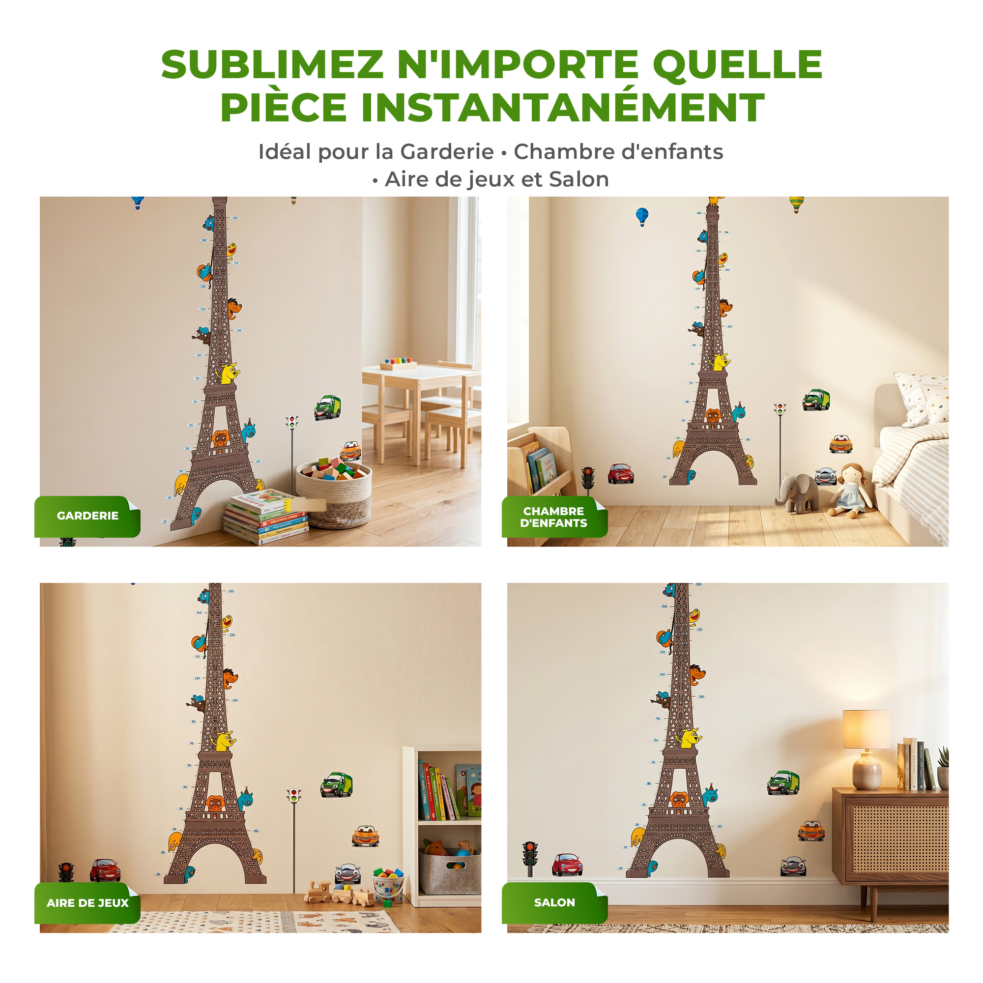Stickers Muraux décoration adhésifs toise Tour Eiffel pour enfants avec animaux et avions