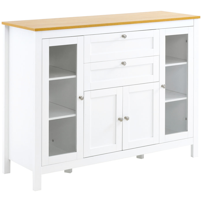 Buffet style classique chic multi-rangement 2 portes 2 étagères réglables 2 tiroirs coulissants placard 2 portes MDF blanc plateau aspect bois clair