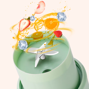 Frullatore portatile multifunzione K5 da 350 ml con 6 lame in acciaio, sicurezza tramite doppio clic e batteria ricaricabile.