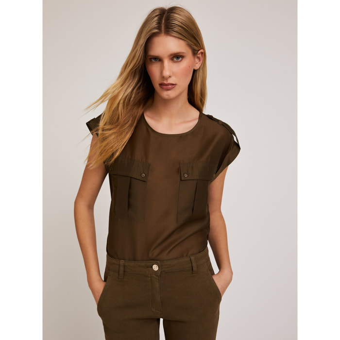 Motivi - Blusa con tasche effetto satin - Verde militare