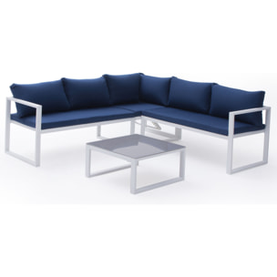 Salon de jardin modulable IBIZA en tissu bleu 4 places - aluminium blanc
