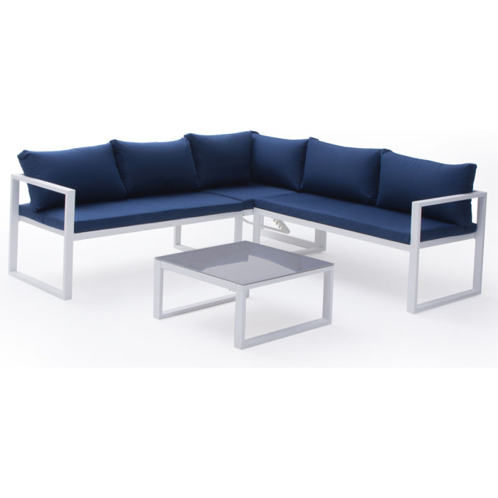 Salon de jardin modulable IBIZA en tissu bleu 4 places - aluminium blanc