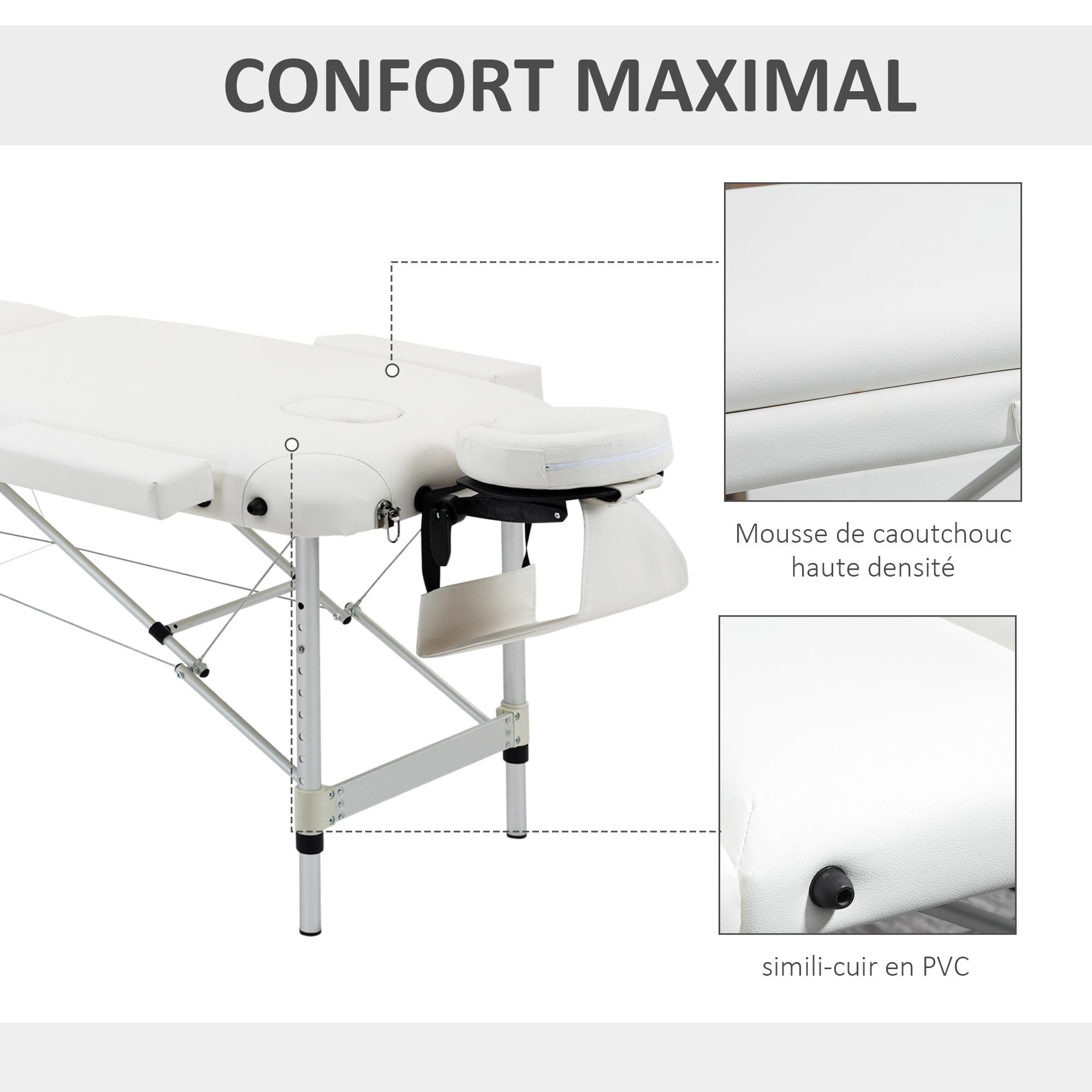 Table de massage pliable 3 zones hauteur réglable dim. 215L x 60l x 61-84H cm alu. synthétique PVC blanc