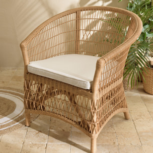 KALLY - Fauteuil en rotin naturel avec coussin d'assise blanc