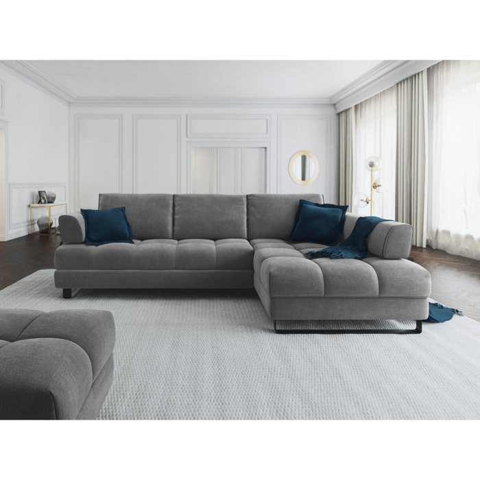 Canapé d'angle droit convertible avec coffre de rangement "Clinton" 5 places en velours gris foncé