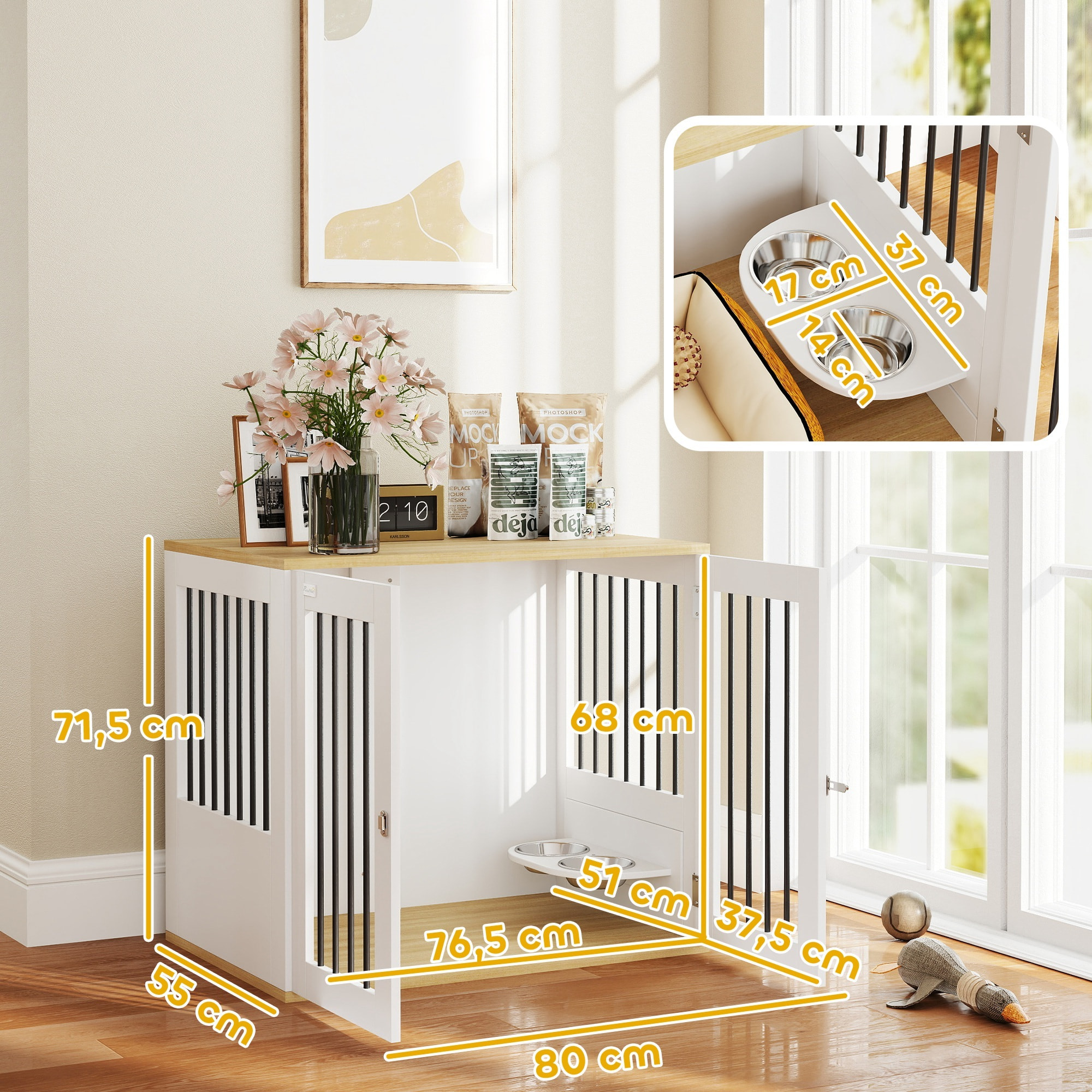 Jaula para Perros Medianos 2 en 1 Mesa Auxiliar con 2 Puertas con Pestillo Comedero Giratorio de 360° 2 Cuencos y Almohadillas Antideslizantes 80x55x71,5 cm Blanco