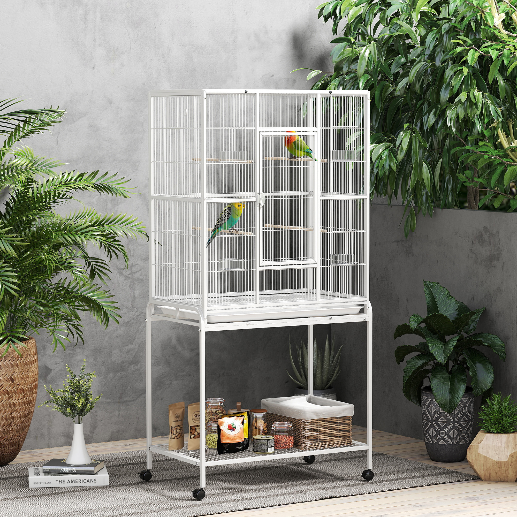 Cage à oiseaux portable avec 4 mangeoires et 4 perchoirs pratique 81 x 48 x 162 cm blanc