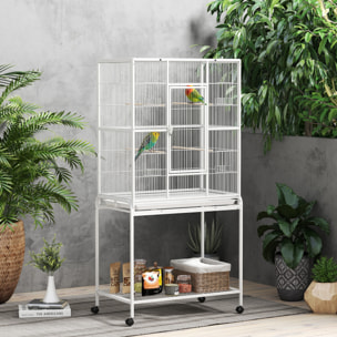 Cage à oiseaux portable avec 4 mangeoires et 4 perchoirs pratique 81 x 48 x 162 cm blanc