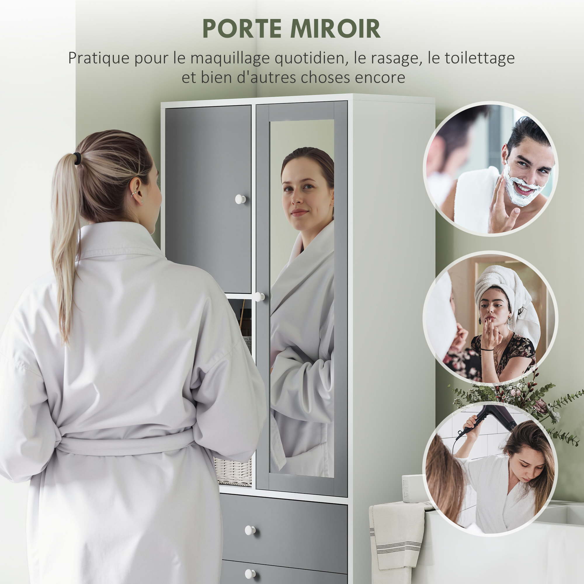 Meuble haut de salle de bain avec miroir - panier à linge à bascule, 2 portes, 3 étagères, 2 niches, tiroir - blanc gris