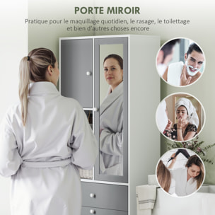 Meuble haut de salle de bain avec miroir - panier à linge à bascule, 2 portes, 3 étagères, 2 niches, tiroir - blanc gris