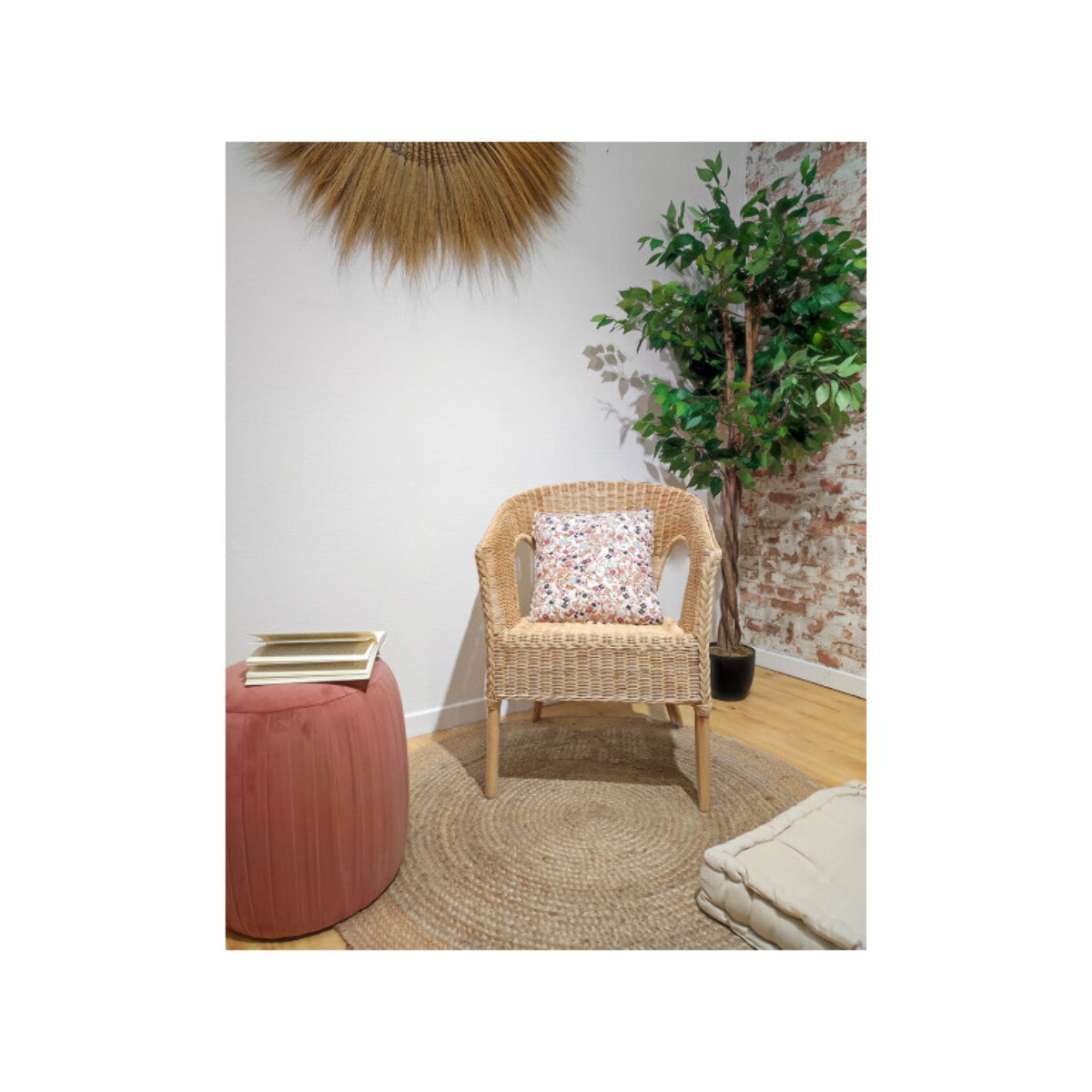 Fauteuil en rotin naturel tressé avec accoudoirs, pour jardin et intérieur - VIVIA