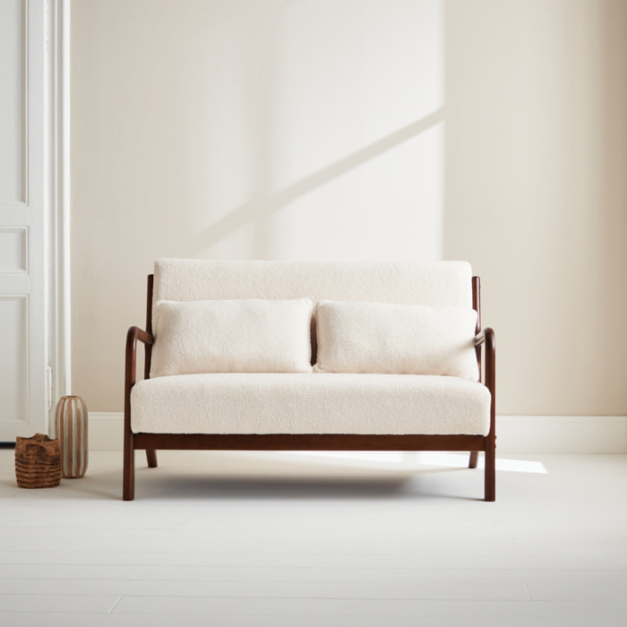 Banquette scandinave 2 places bois d'hévéa teinté noyer clair et bouclette LORENS